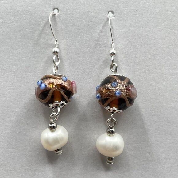 Artisan 925 Sterling Silver Freshwater Pearl Murano Wedding Cake Dangle Earrings - Picture 1 of 7